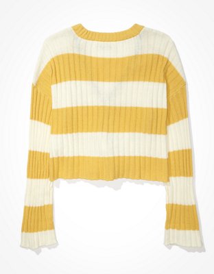 AE Striped Cropped Boxy Button-Up Cardigan