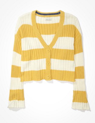 AE Striped Cropped Boxy Button-Up Cardigan