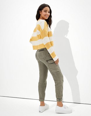 AE Striped Cropped Boxy Button-Up Cardigan