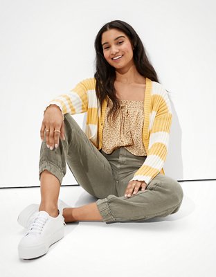 AE Striped Cropped Boxy Button-Up Cardigan