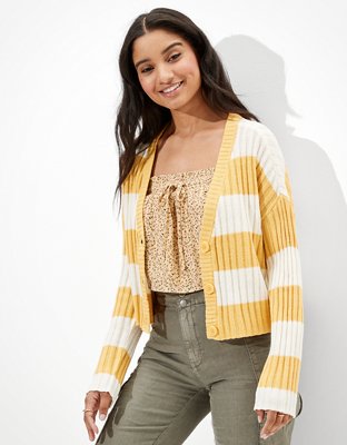 AE Striped Cropped Boxy Button-Up Cardigan