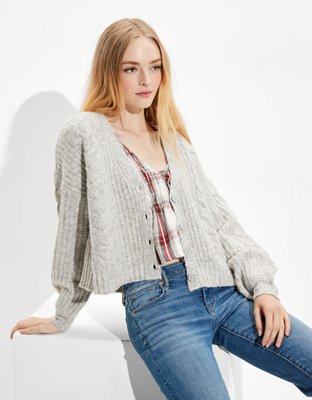 AE Cropped Cable Knit Zip-Up Sweater