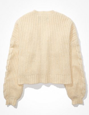 AE Cropped Cable Knit Button-Up Cardigan