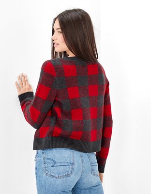 AE Plaid Cropped Cardigan