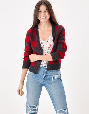AE Plaid Cropped Cardigan