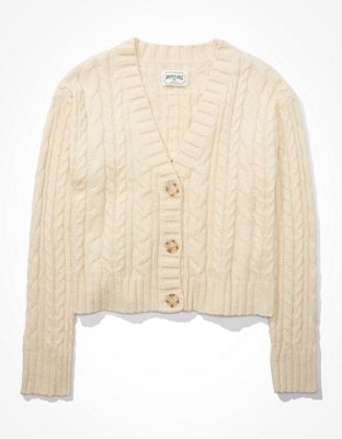 AE Cropped Cable Knit Cardigan | American Eagle