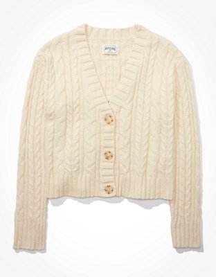 Cream Cropped Cable Down Cardigan