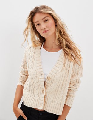 Cream Cropped Cable Down Cardigan