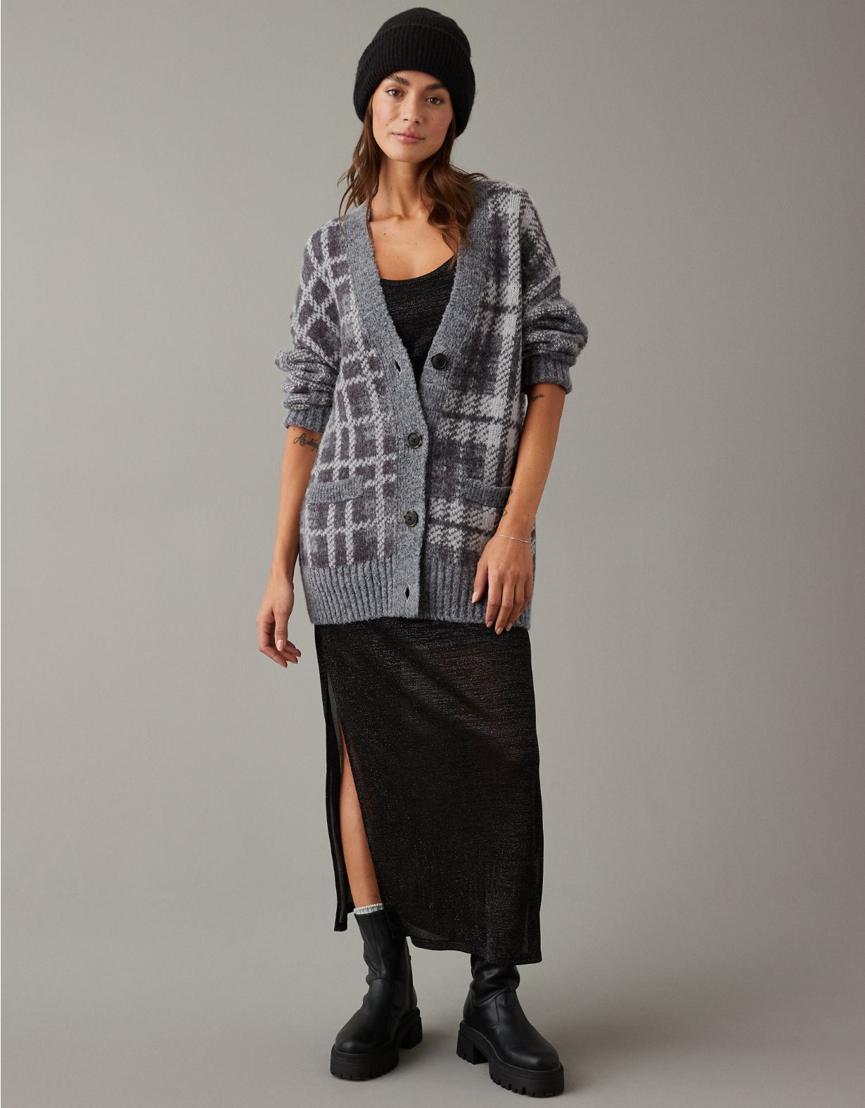 AE Plaid Button-Front Cardigan