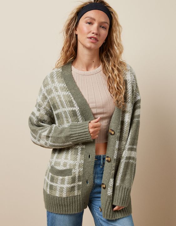 AE Plaid Button-Front Cardigan