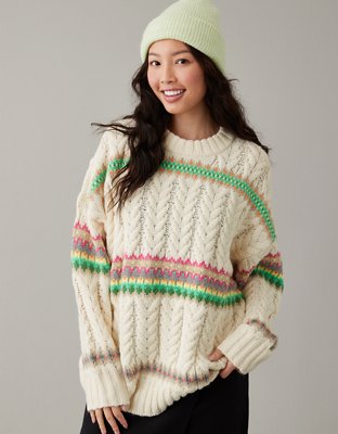 AERIE Fair Isle Cozy Soft Thick 1/4 Zip Chunky Nordic Sweater