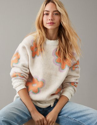 AE Whoa So Soft Suéter Floral con Cuello Redondo