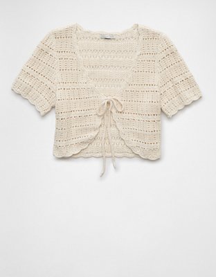 AE Cropped Tie Front Short-Sleeve Cardigan