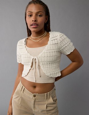 AE Cropped Tie Front Short-Sleeve Cardigan