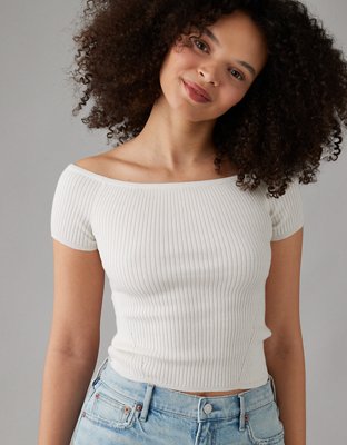 White ribbed off the shoulder clearance top