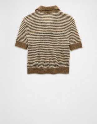 AE Striped Button-Up Cropped Sweater Polo Shirt