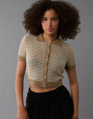 AE Striped Button-Up Cropped Sweater Polo Shirt