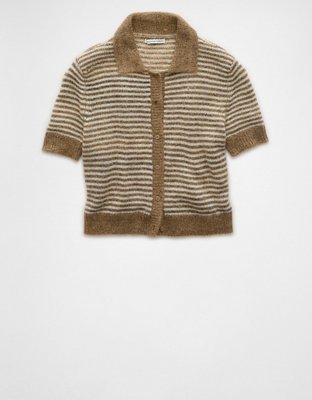 AE Striped Button-Up Cropped Sweater Polo Shirt