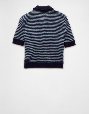 AE Striped Button-Up Cropped Sweater Polo Shirt