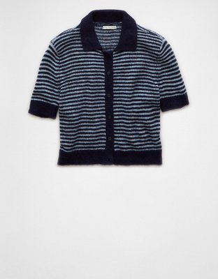 AE Striped Button-Up Cropped Sweater Polo Shirt