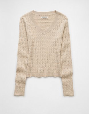 AE Fitted Cable Knit V-Neck Sweater