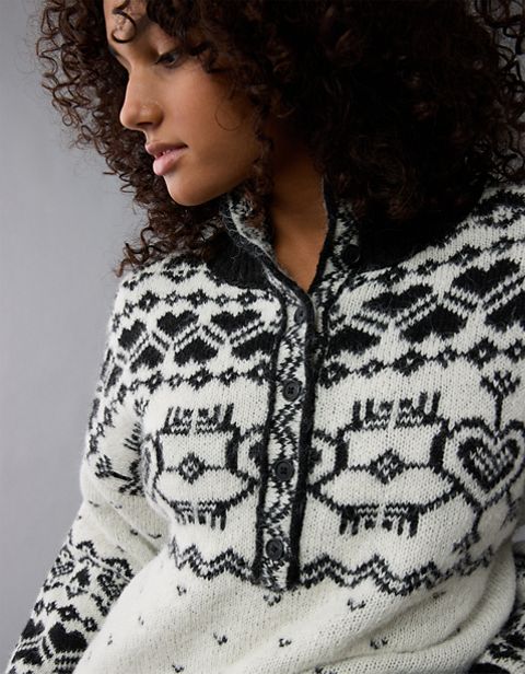 Женские свитеры American Eagle AE Oversized Quarter Snap Mock Neck Fairisle Sweater