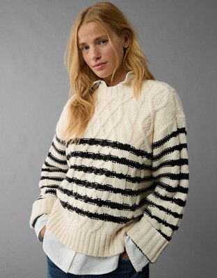 AE Striped Cable Knit Crew Neck Sweater