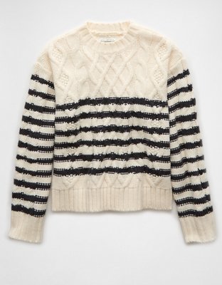 AE Striped Cable Knit Crew Neck Sweater