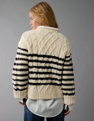 AE Striped Cable Knit Crew Neck Sweater