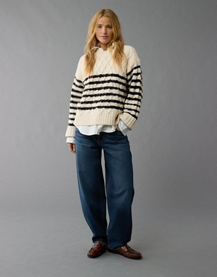 AE Striped Cable Knit Crew Neck Sweater