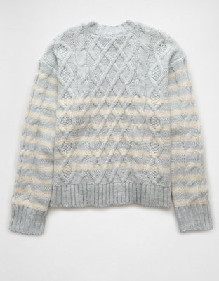 AE Striped Cable Knit Crew Neck Sweater