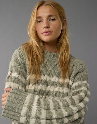 AE Striped Cable Knit Crew Neck Sweater