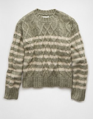 AE Striped Cable Knit Crew Neck Sweater