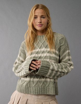 AE Striped Cable Knit Crew Neck Sweater