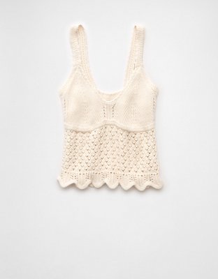 AE V-Neck Pointelle Scalloped Crochet Tank Top