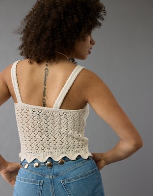 AE V-Neck Pointelle Scalloped Crochet Tank Top