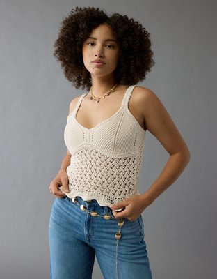 AE V-Neck Pointelle Ruffle Crochet Tank Top