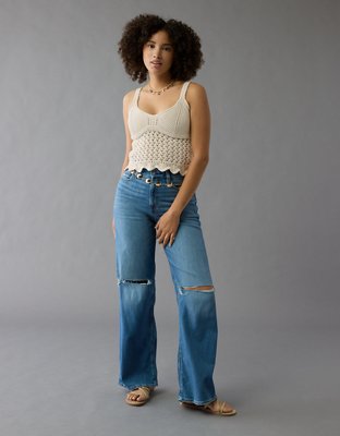 AE V-Neck Pointelle Scalloped Crochet Tank Top