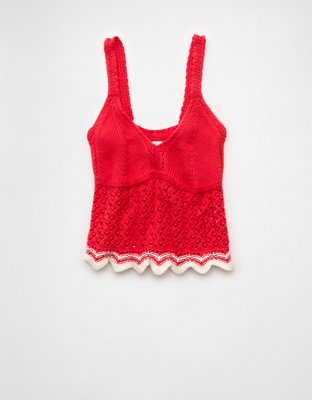 AE V-Neck Pointelle Scalloped Crochet Tank Top