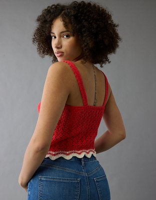 AE V-Neck Pointelle Ruffle Crochet Tank Top