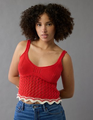 AE V-Neck Pointelle Ruffle Crochet Tank Top
