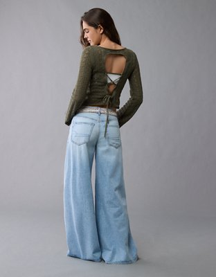 AE Lace-Up Back Crochet Sweater