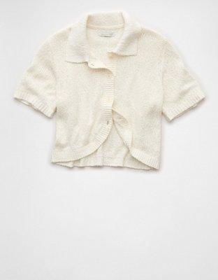AE Short-Sleeve Collared Button-Up Cardigan