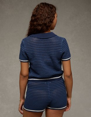 AE Cropped Crochet Sweater Polo Shirt