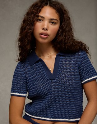 AE Cropped Crochet Sweater Polo Shirt