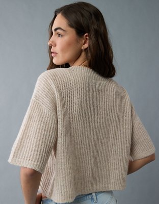 AE Short-Sleeve Crew Neck Cropped Cardigan