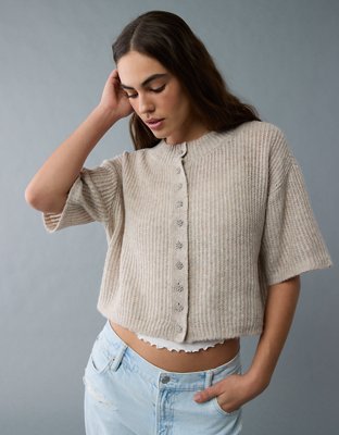 【AMERICAN EAGLE】CROPPED BORDER KNIT 2867 American Eagle Beige Cropped Patchwork Cardigan Sweater Tan