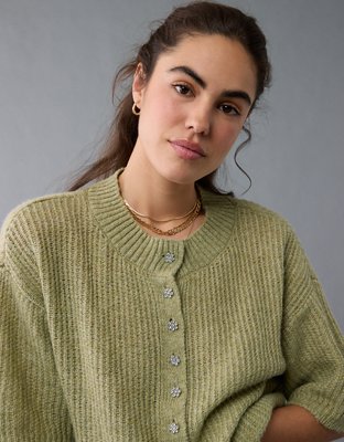 AE Short-Sleeve Crew Neck Cropped Cardigan