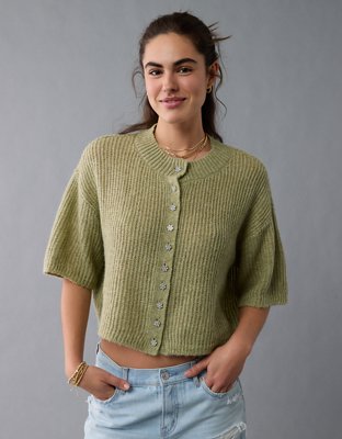 AE Short-Sleeve Crew Neck Cropped Cardigan