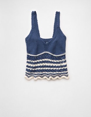 AE Top sin Mangas de Tejido Calado al Crochet Festoneado con Escote V